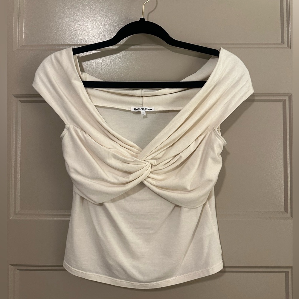 Reformation off the shoulder twist top in Cream.